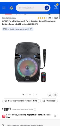 QFX 8" Portable Bluetooth Party Speaker, Bonus Microphone, Battery Powered , LED Lights, WMX-8074