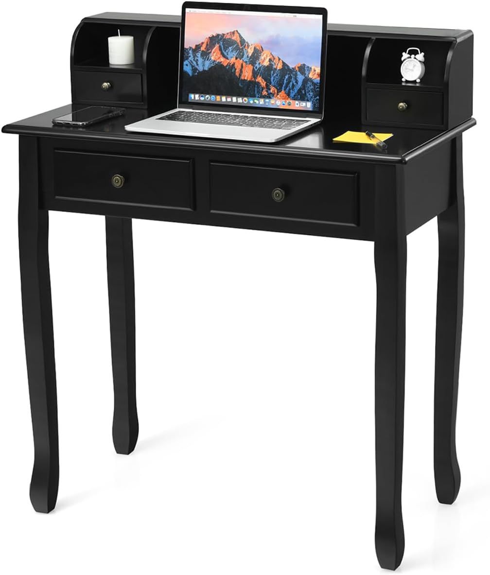 Small Writing Desk with Removable Hutch, 2-Tier Vanity Table with 4 Drawers, 3 Cubbies & Pine Wood Legs, Study Computer Desk for Bedroom Home Office (