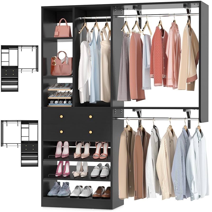 Closet System - 5FT Small Closet System with Drawers, 60" Closet Organizer System with Reversible Hanging Shelving, Closet Systems for Small/Walk-in C