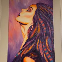 Stunning Modern Painting of Woman on Canvas – Vibrant Purple, Pink, Red, Multi-Colored – 36” x 24” – $2500