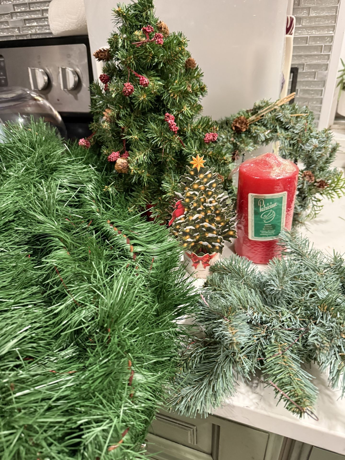 Bag of Vintange Christmas Decor- Garland, Mini Tree, Mini Wreath, Vtg Pillar Candle- etc 