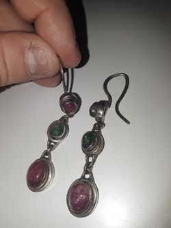 Pink And Green Stone Three Tiered Sterling Silver Earrings