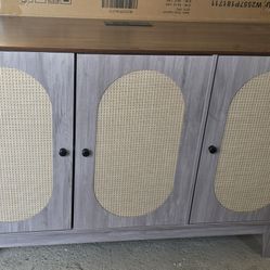47''W Large Buffet Sideboard Cabinet with Charging Station, Rattan Kitchen Storage Cabinet New 