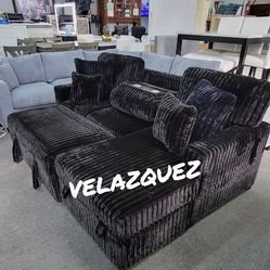 ✅️✅️2 pc Black fur like corduroy fabric sectional sofa with pop up sleep area and storage chaise drop down tray table USB ports✅️