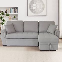 Gray Reversible Sectional Sofa Couch, Light Grey Convertible Pull Out Bed Sleeper Sofa with Storage Chaise Lounge