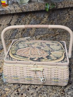 Vintage Azar Woven Sewing Basket with Tapestry Lid