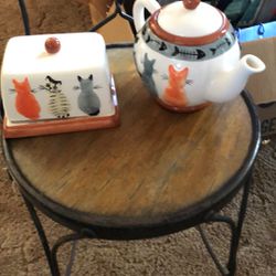 Cat Butter Dish And  Matching Tea Kettle . 