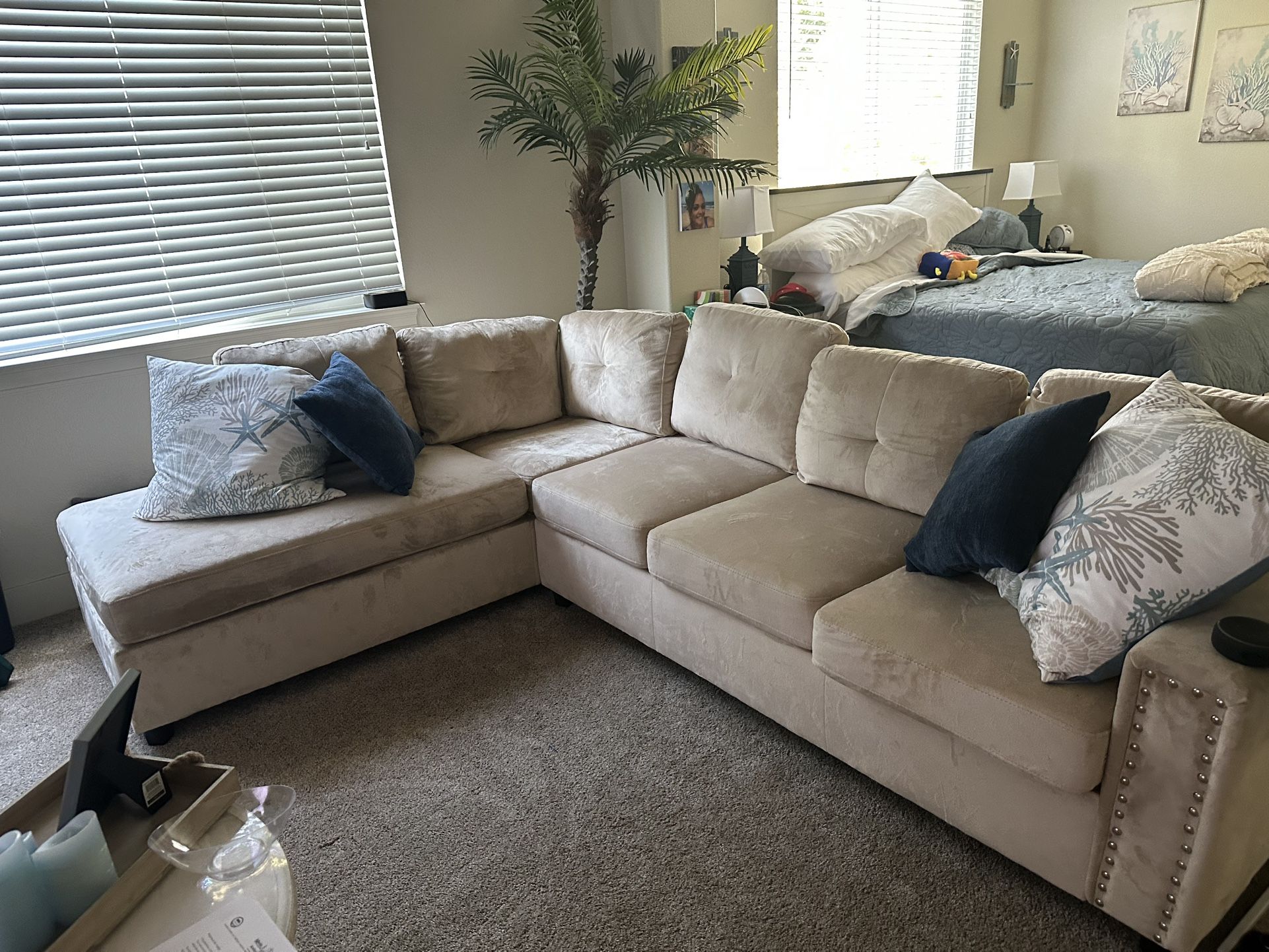 L Shaped Couch- Tan Velvet