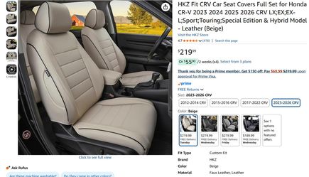 Honda CR-V HKZ Seat Covers 2023-26, LX; EX; EX-L; Sport; Touring; Hybrid Model *Full Set* PU Leather Beige