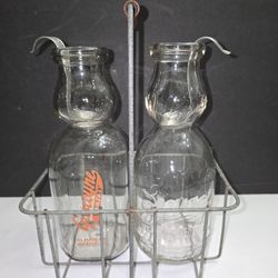 Antique Cream Top Milk Bottles With Carrier And Spoons