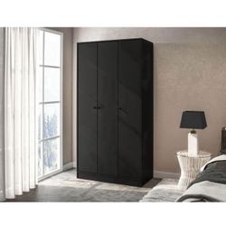 71 in. 3 Door Modern Bedroom Armoire with Shelves & Hanging Rod, Cabinet, Black Wood, New 