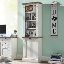Farmhouse Bookcase with Storage Cabinet, 72" Tall Bookshelf with Adjustable Shelves 4-Tier Open Wood Shelf Bookcase