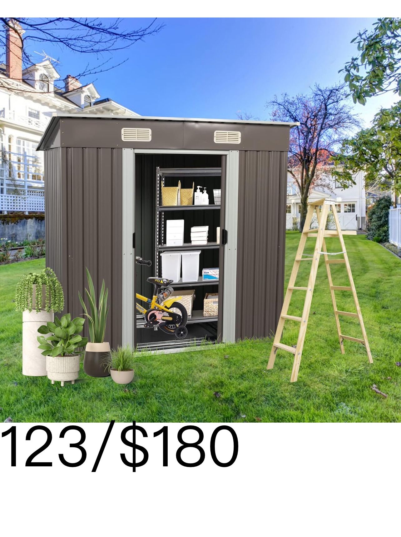 🔥6' X 4' Outdoor Storage Shed, Waterproof Metal Garden Shed with Windows, Lockable Doors, and Sloped Roof/Pointed Roof for Patio, Backyard, Lawn, Too