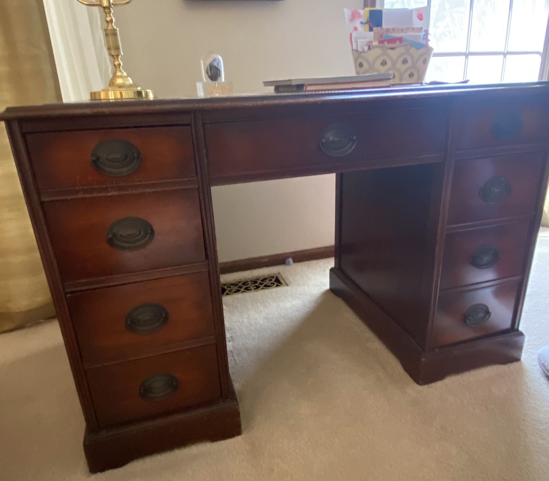 Vintage Sheraton Hepplewhite Writing Desk with Leather Inlays & Harp Writing Desk Chair