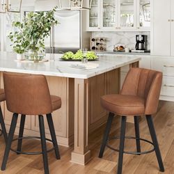 LUE BONA 360-degree Swivel Bar Stools Set of 2, 26" Counter Height Bar Stools with High Back and Wood Legs, Morden Faux Leather Upholstered Barstools 