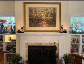 Beautiful Large Framed Wall Art Elegant decorative wall art featuring a peaceful garden scene with a brick pathway, blooming flowers, and a ben