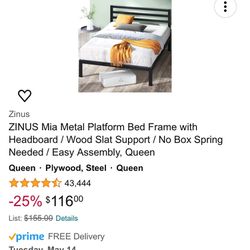 ZINUS Mia Metal Platform Bed Frame with Headboard / Wood Slat Support / No Box Spring Needed / Easy Assembly, Queen Queen • Plywood, Steel • Queen
