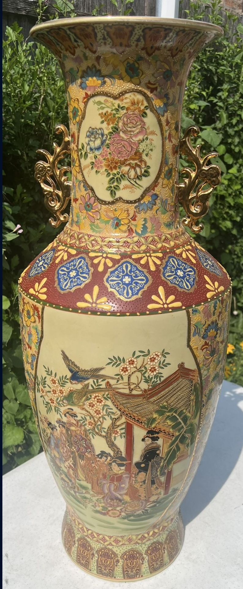 Amazing Chinese 32" Vase Asian Floor Vase Birds geishas Flowers See Photos