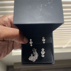 White Lab-Created Sapphire Three Stone Drop Pendant and Earrings Set in Sterling Silver (Zales)