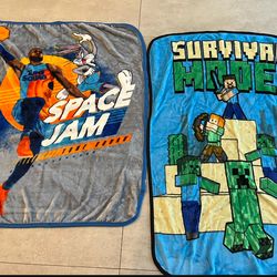 Kids blankets. Basketball Space Jam Minecraft Basketball themed one is 5 x 7 feet for $10 Two smaller Minecraft and space jam ones are around 4 × 3 fe