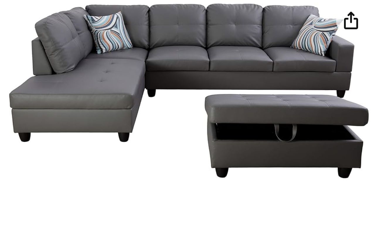 Dark Gray Leather Sectional Couch And Storage Ottoman