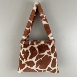 Y2K 90's Handmade Reworked Orange Creme Giraffe Print Plush Shoulder Bag Purse