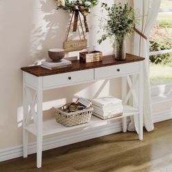 ChooChoo Farmhouse Console Table with Drawers, Narrow Wood Accent Sofa Table Entryway Table with Storage Shelf for Entryway, Front Hall, Hallway, Livi
