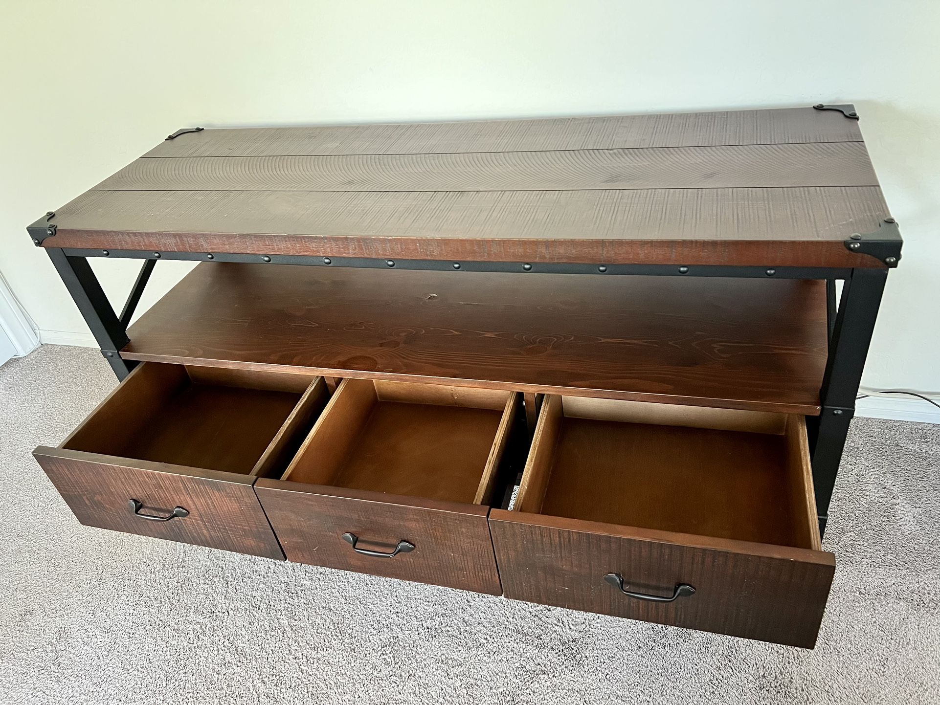 Solid Wood And Iron TV Stand With 3 Drawers for Sale in Las Vegas, NV