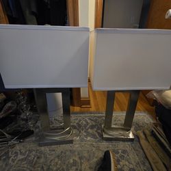 Pair of modern lamps with white rectangular shape shades 29 inches tall