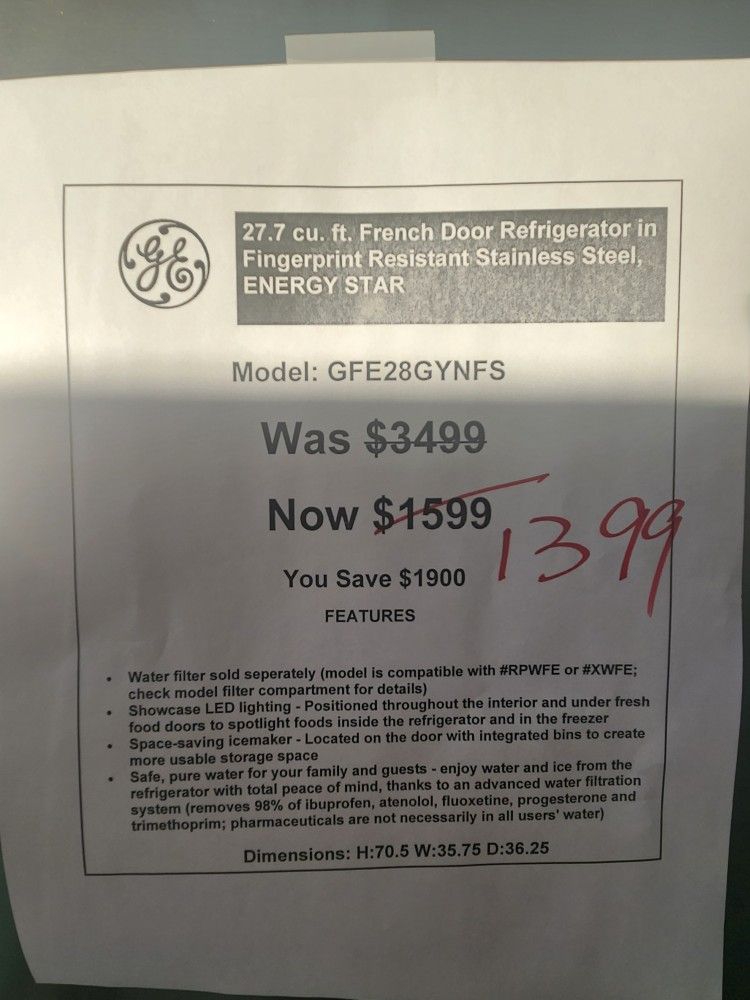 $599 $2099 GE Refrigerators Brand New, Express Delivery, One Year Warranty