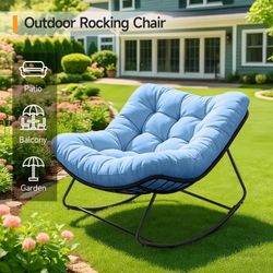 Outdoor Papasan Rocking Chair, 450 lbs Oversized Comfy Patio Chair with Thickened Cushion, Indoor Egg Rocking Lounge Chairs, Rocker Chairs for Patio P