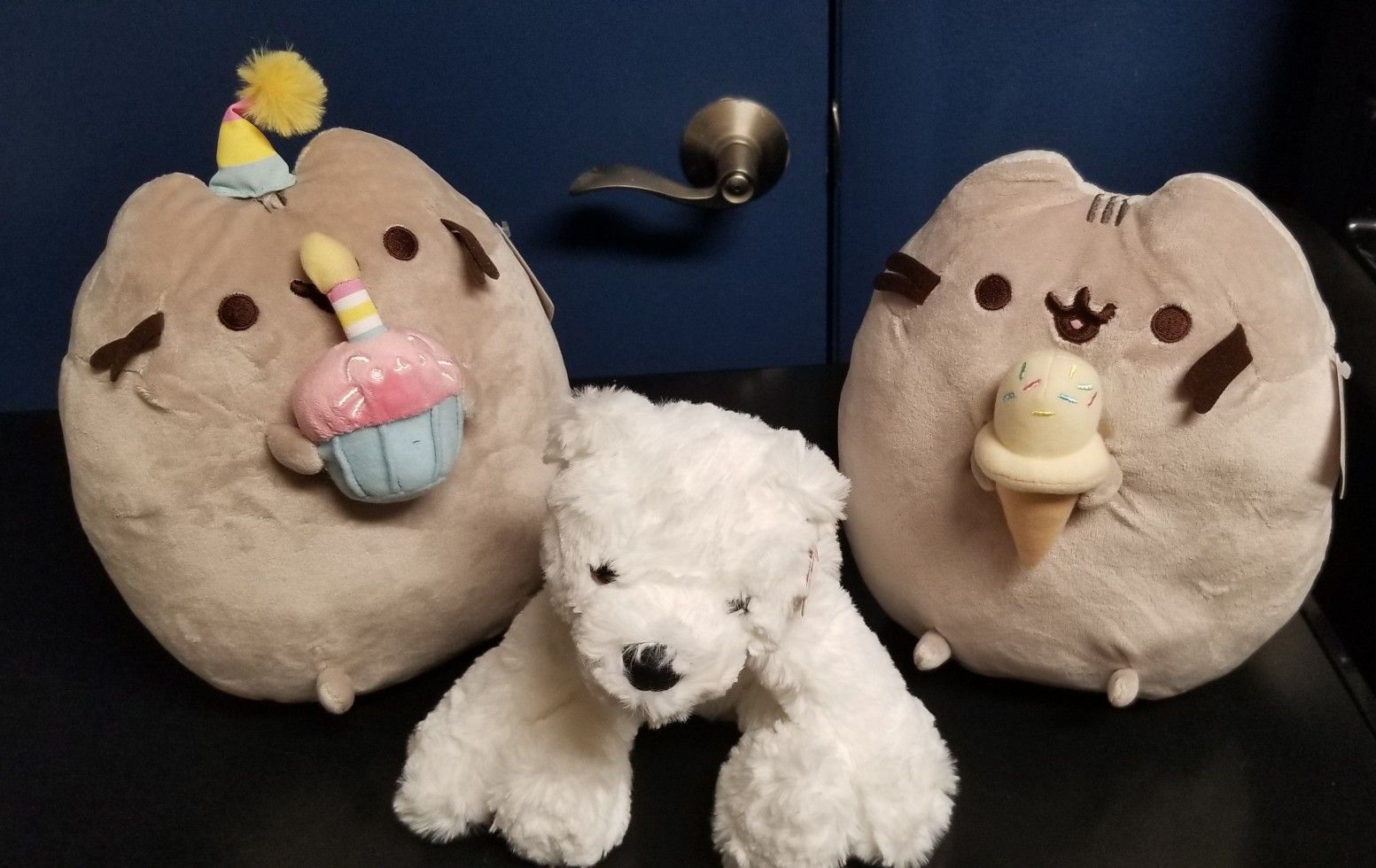 3 GUND STUFFED TOYS- Pusheen Cat with Ice Cream, Pusheen Cat with Birthday Cake, and White Polar Bear