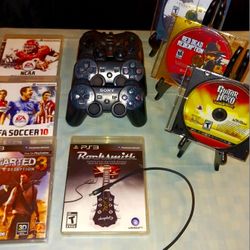 PlayStation 3 Controllers And Game Lot Six Games Three Controllers A Charge Cord And A Bonus Game! One Sealed!