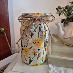 Hand designed decoupaged mason jar