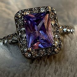 Silver Cushion-Cut Style Ring with Purple and Clear CZ