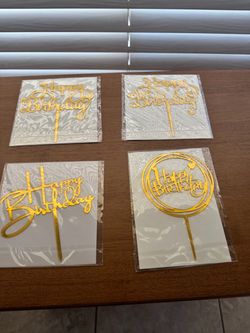 4 gold birthday cake toppers with 'Happy Birthday' text #birthday #celebration 5.5” tall New 4 available Each is $7 All 4 for $25
