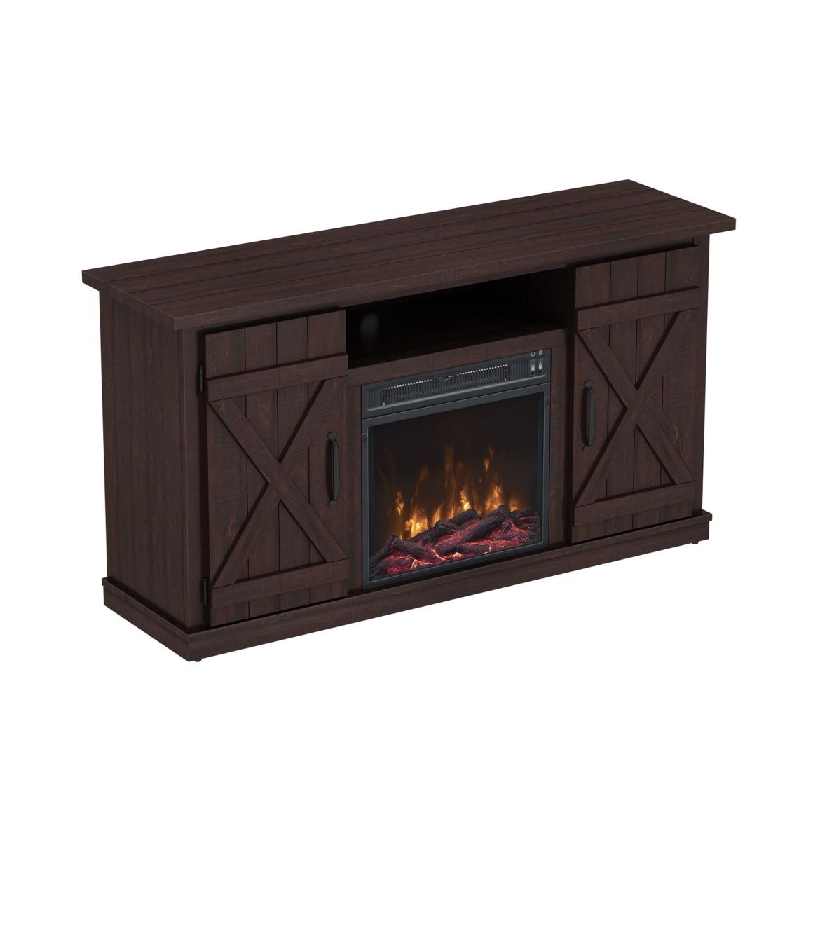 Barn Door TV Stand With Electric Fireplace, Sawcut Espresso