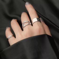 Set 3 925 Sterling Silver Women's Cuff Ring Band Adjustable Size Gift Rings 