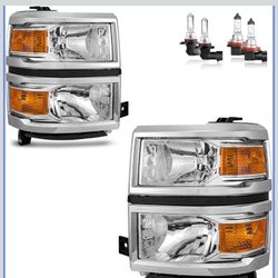 New in box Headlights Assembly for 2014 2015 Chevy Silverado 1500 Headlamp Replacement Chrome Housing Amber Reflector Driver & Passenger Side CVSV1400