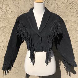 AMAZING Vintage 80s Black Suede Fringe Cropped Motorcycle Jacket