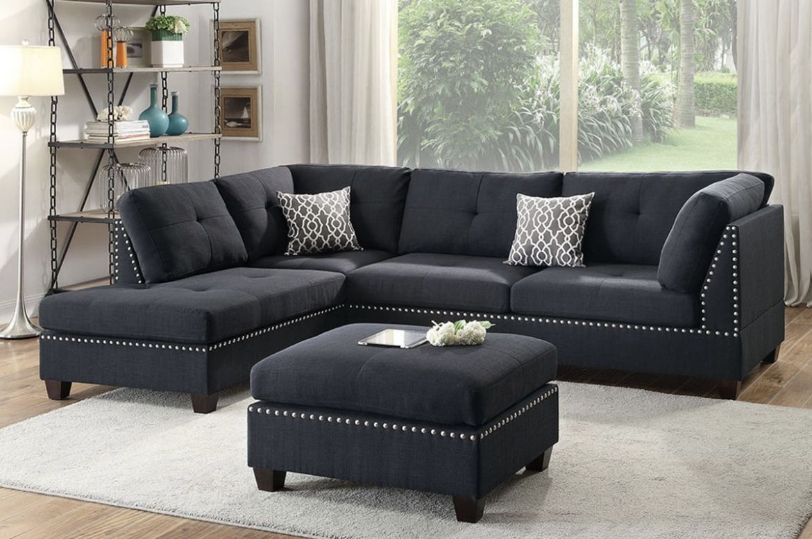 Black Sectional Sofa With Ottoman (Free Delivery)