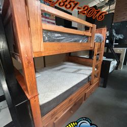 Triple Full Bunk Bed Oak With Mattresses Trundle New 