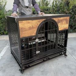 New In Box 42”Lx30”Dx37”H Large Heavy Duty Powder Coated Metal Dog Cage Crate Sturdy Kennel Pet House With Roller Wheels 