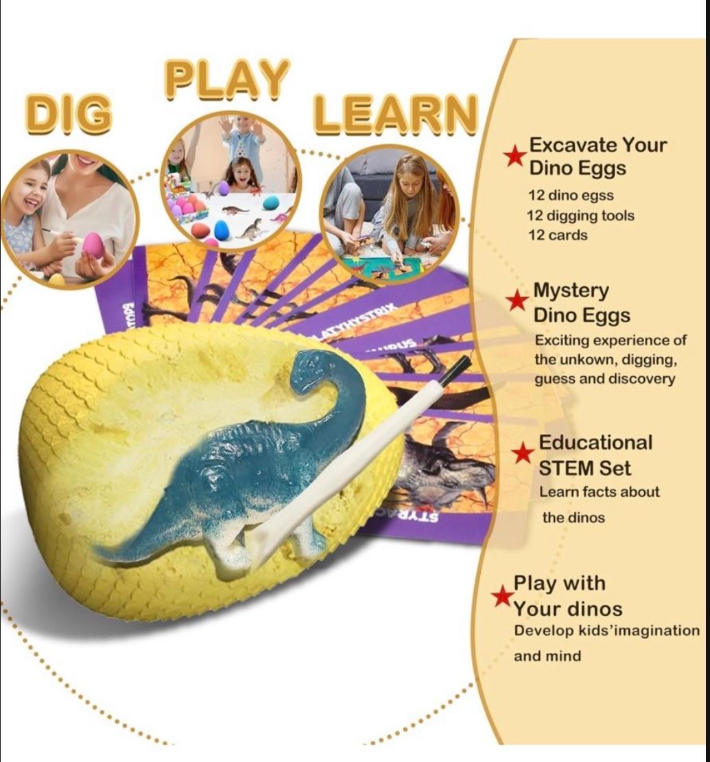 Dinosaur Eggs Dig Kit Toys - 12 Dino Easter Eggs Fossil Eggs Excavation Kits for Kids Easter Party Favor Basket Stuffers Toy Birthday for Boys Girls A