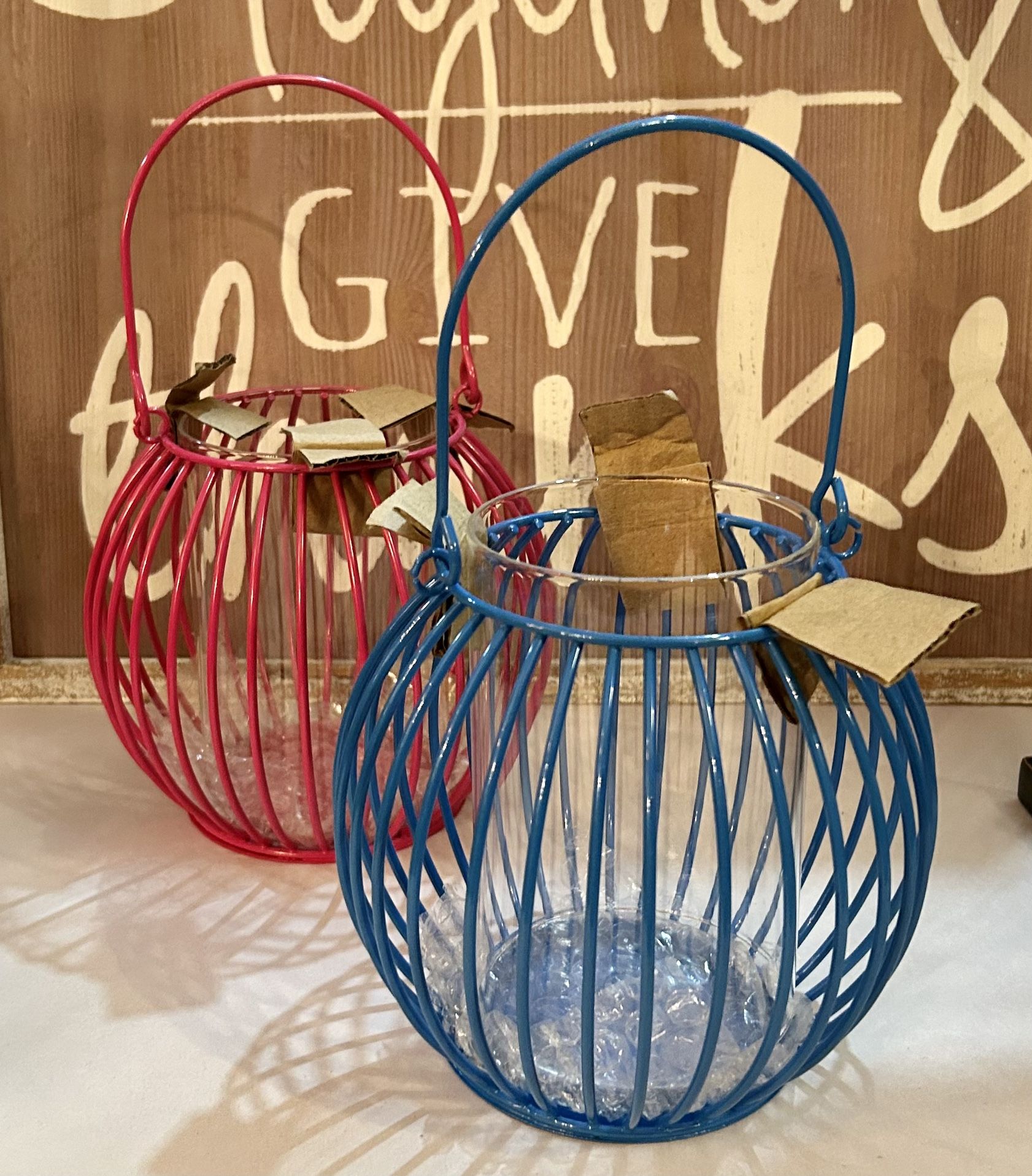 Pair Of Colorful Lanterns With Center Glass Vessel