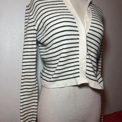 Cream & Black Striped Button-Up Knit Cardigan – Collared | Size S