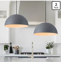 Set of 2 16" Grey and White Industrial Metal Dome Pendant Lights