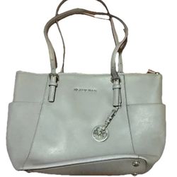 Michael Kors Jet Set Saffiano Leather Top Zip Tote Large Shoulder Bag Gray Taupe