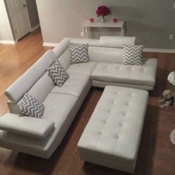 White Leather Sectional Sofa With Ottoman ** $50 Down No Credit Needed ** Same Day Delivery