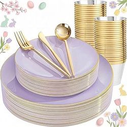 bUCLA 150PCS Disposable Plastic Plates - Light Purple and Gold